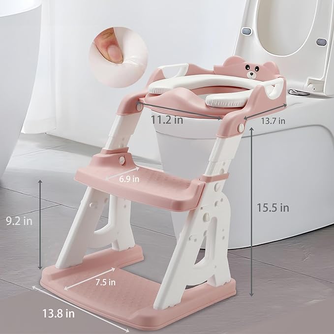 PandaEar Potty Training Seat with Step Stool Ladder, Toddler Toilet Seat for Kids Boys Girls, Comfortable Safe Potty Seat with Anti-Slip Pads Ladder & Bear Design -Pink