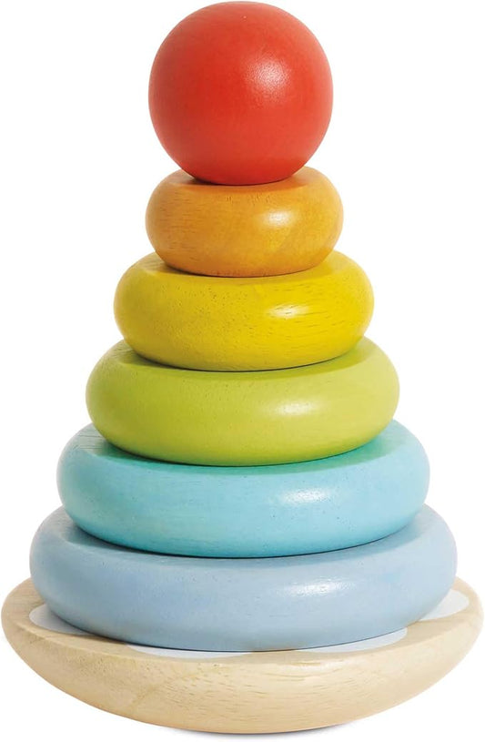 Le Toy Van – Wooden Rainbow Stacker | Girl & Boy 7 Piece Rainbow Wobbling Ring Stacker – Suitable for 18+ Months