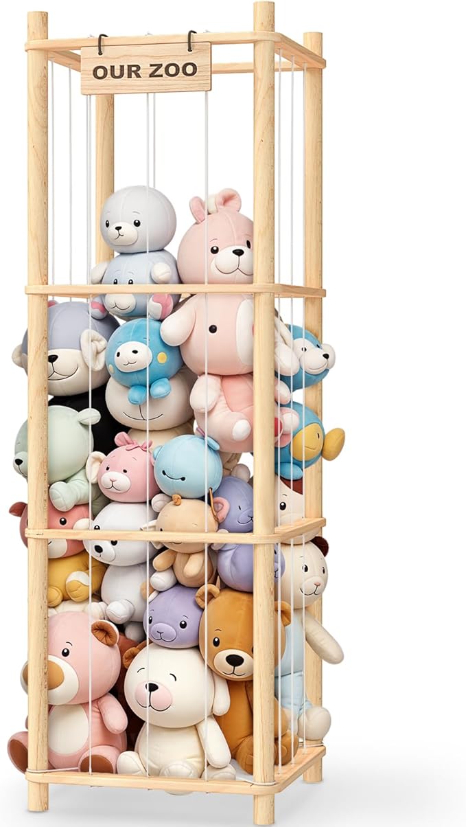 Stuffed Animal Storage & Organizer, Wooden Cute Zoo Toy Holder for Toddler Rooms, Playrooms & Bedrooms