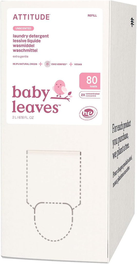 ATTITUDE Baby Laundry Detergent, EWG Verified, Plant and Mineral-Based Formula, HE Compatible, Vegan Household Products, Unscented, 80 Loads, 67.6 Fl Oz (Package may vary)