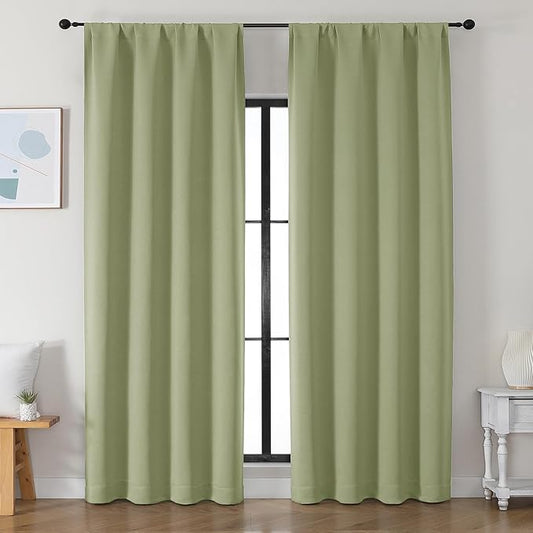 Simplebrand Ava Sage Green Blackout Curtains for Bedroom 90 Inches Long 2 Panels Set, Solid Privacy Energy Saving Living Room Window Treatment Curtains Blackout Drapes, W50 x L90 Inch, Sage Green