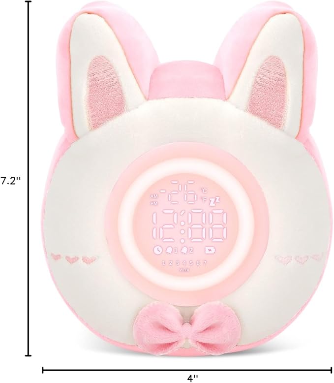 QANYI Bunny Plush Alarm Clock Night Light, Cute Stuffed Animals with LED Display Clock Adjustable Light, Toys for 5-12 Year Old Girls, Kawaii Birthday Gifts for Kids Teens Girls Women
