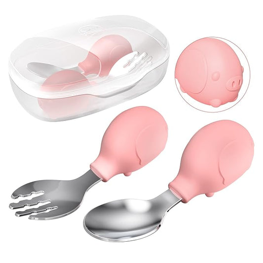 Deejoy Toddler Utensils - Stainless Steel Spoons and Forks, Kids Silverware Set with Travel Case (Pink)