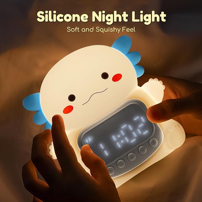 Axolotl Alarm Clock with Night Light for Kids, 7 RGB Color Cute Alarm Clocks for Bedrooms Ok to Wake Clocks, Silicone Animal Tabletop Lamp for Teen Girls Boys, White