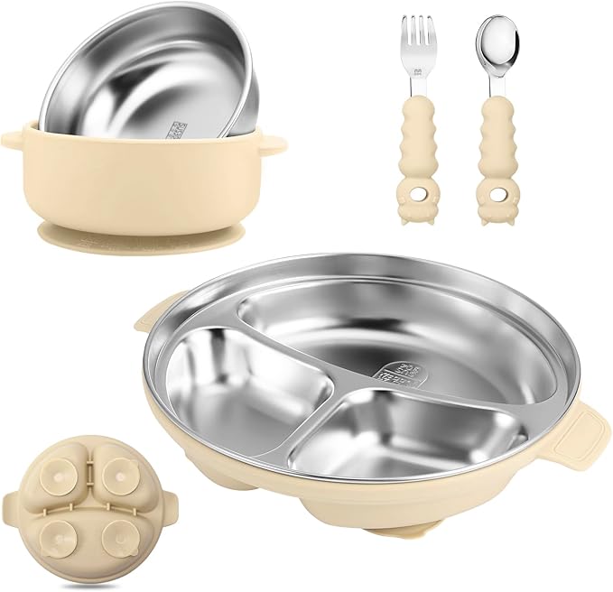 Stainless Steel Baby Plate and Bowl with Suction, Baby Bowl and Divided Kids Toddler Plate with Removable Silicone Shell, Non-Slip Toddler Baby Feeding Set, Forks + Spoons Included-Cream