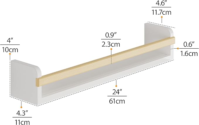 Wallniture Florida 24 inch Wall Bookshelf for Kids Room, Floating Shelves Nursery Decor, Wood White Wall Shelf Set of 2, Kitchen, Bathroom Decor (24'')