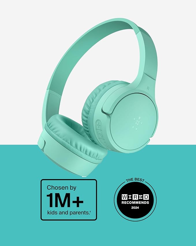 Belkin SoundForm Mini - Wireless Bluetooth Headphones for Kids with 30H Battery Life, 85dB Safe Volume Limit, Built-in Microphone - Kids On-Ear Earphones for iPhone, iPad, & More - Mint w/Case