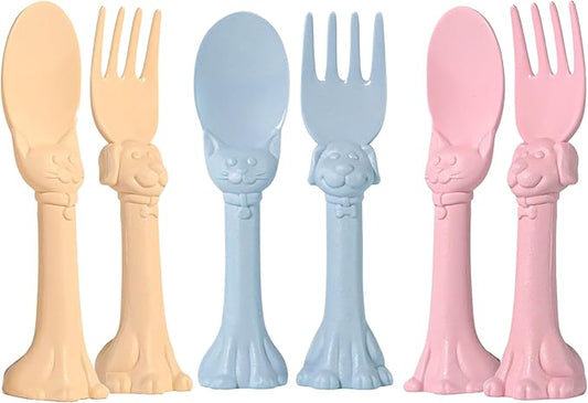 Made in USA Spoon la la Toddler Utensils Set - 6 Pack (3 Spoons & 3 Forks for Kids) - Self-Standing 3D Ergonomic Cat & Dog Handles - BPA-free, Dishwasher Safe, Baby Silverware (Pink, Blue, Yellow)