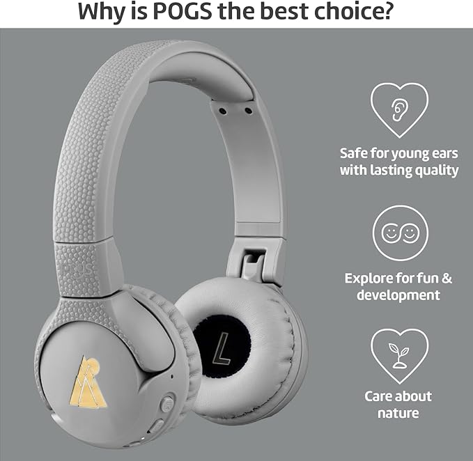 POGS Kids Bluetooth Wireless Headphones | The Gecko 2 | Foldable, Durable Headphones for Kids 3+ | Volume Limited 85 dB, Microphone | On-Ear | Wireless Music-Sharing Function (rGrey)