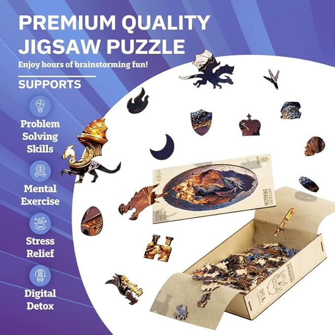 Jigfoxy Wooden Puzzle for Adults, Hatchling Dragon Wooden Jigsaw Puzzles for Adults, Unique Animal Shape Wood Cut Puzzles for Family Friend Puzzle Lovers(M-11.4 * 9.5in-190pcs)