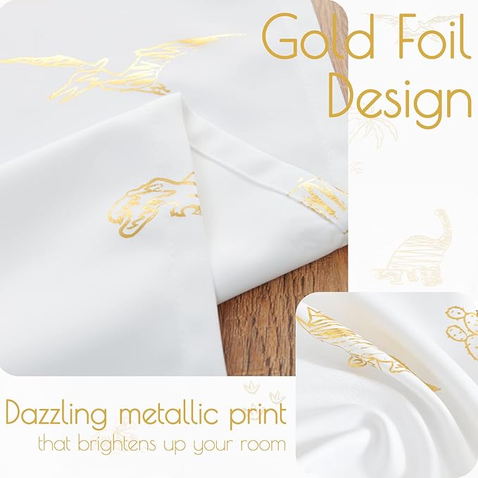 Vangao Kids Curtains White Drapes Dinosaur Curtains for Boys Kids Nursery Girls Room Golden Dino Foil Print Light Filtering Grommet Top Window Drapes 84 Inches Length 2 Panels