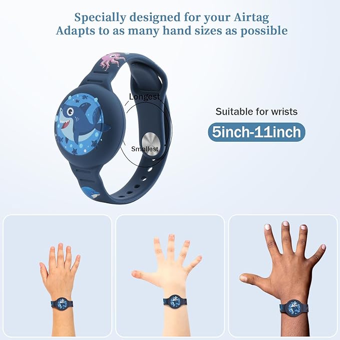 R-fun Waterproof Air Tag Bracelets [2 Pack] Compatible with Apple Air Tag Finders with Cartoon Pattern,Anti Lost GPS Item Finders Case Cover,Gray Car/Blue Shark