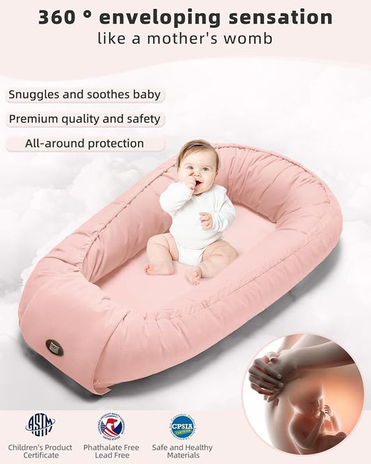 Baby Lounger for Newborn 0-24 Months, Breathable & Soft Infant Lounger, Adjustable Tummy Time Lounger for Home and Travel, Baby Girls & Boys Newborn Babies Essentials Stuff, Pink