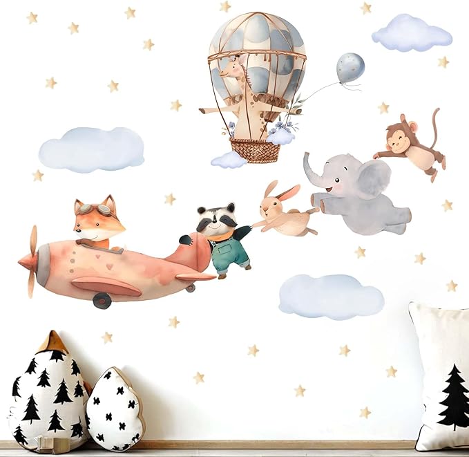 Animals Airplane Wall Stickers for Nursery: Baby Kids Bedroom Wall Decals - Aircrafts Hot Air Balloon Elephant Fox Giraffe Monkey