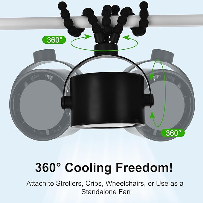 5000mAh Portable Stroller Fan with LCD Display, 5-Speed, Rechargeable Battery Operated, 360° Rotation, Tripod Clip, 17-Hour Battery Life for Carseat, Strollers, Cribs, Wheelchairs, Bedrooms & Travel