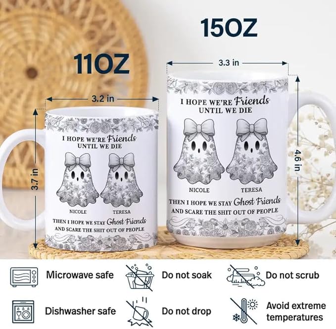 Personalized Mug - Trendy France-China Inspired Design - Fun Gift for Best Friends, Halloween Coffee Tea Cup - Cute Ghost Bestie Friends Until We Die Toile De Jouy Pattern