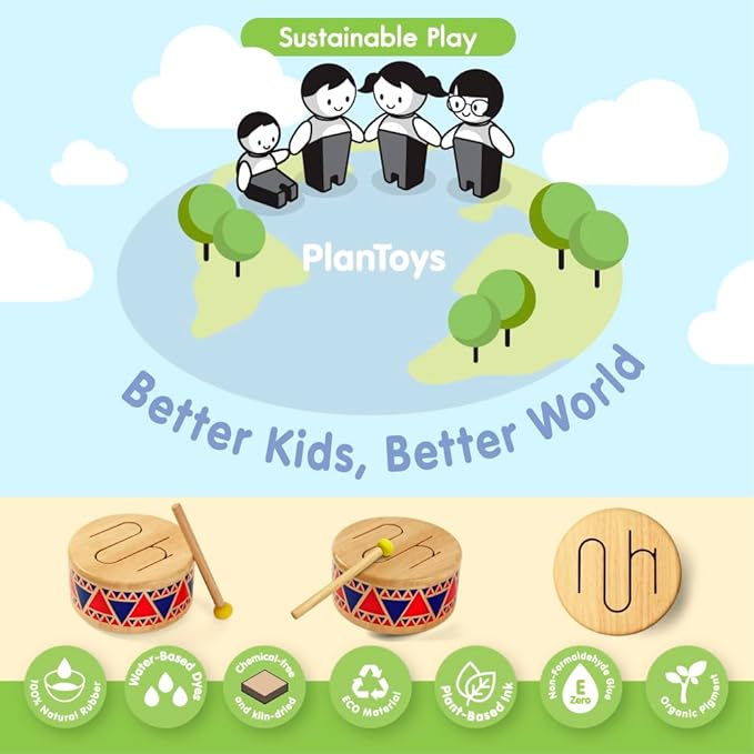 PlanToys® Solid Drum Wooden Musical Toy for Toddlers | Pretend Play Instrument for Kids | Eco-Friendly Percussion Toy for Coordination, Creativity & Early Learning Development