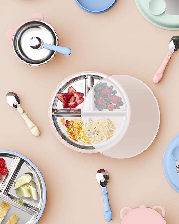 Stainless Steel Toddler Suction Plate with Lid, Deeper 9" Divided Plates with Removable Silicone Sleeves for Kids, Non Toxic & BPA Free | Unbreakable Baby Snack Dishes Set of 2, Green & Purple