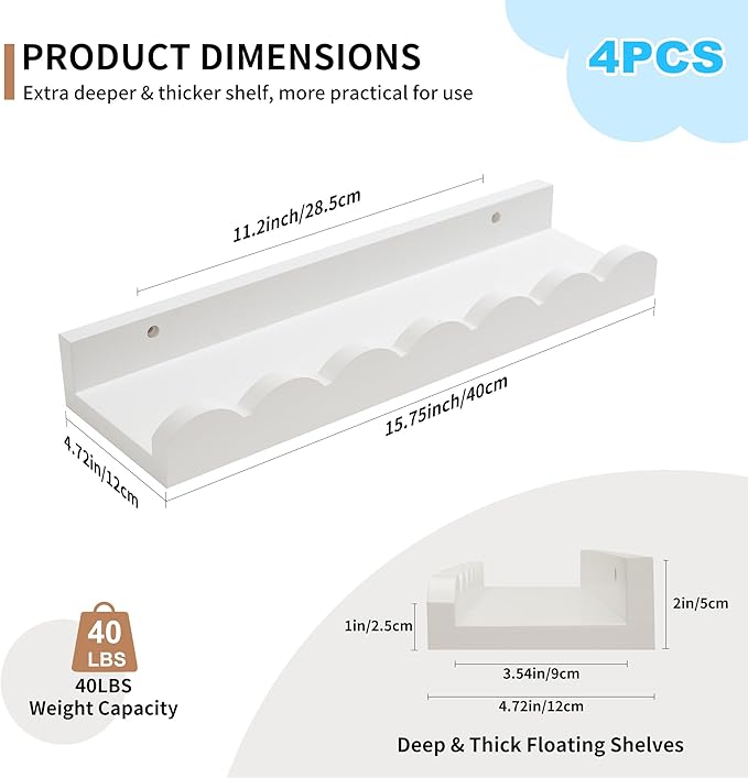 Scalloped Baby Book Shelf,Floating Shelves for Wall Set of 4 Solid Pine Wood Nursery Bookshelves with Wave Lip for Bedroom Kids, Toddler Room, Baby Room, Nursery Decor(White,40cm)