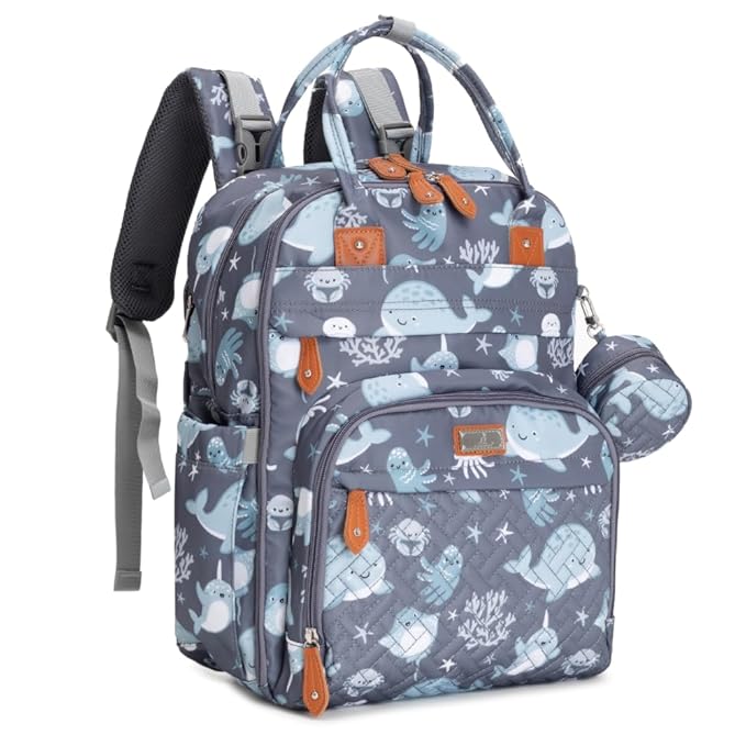 BabbleRoo Diaper Bag Backpack - Baby Essentials Travel Tote - Multi Function Waterproof Diaper Bag, Travel Essentials Baby Bag with Changing Pad, Stroller Straps & Pacifier Case - Unisex, Sea Animals