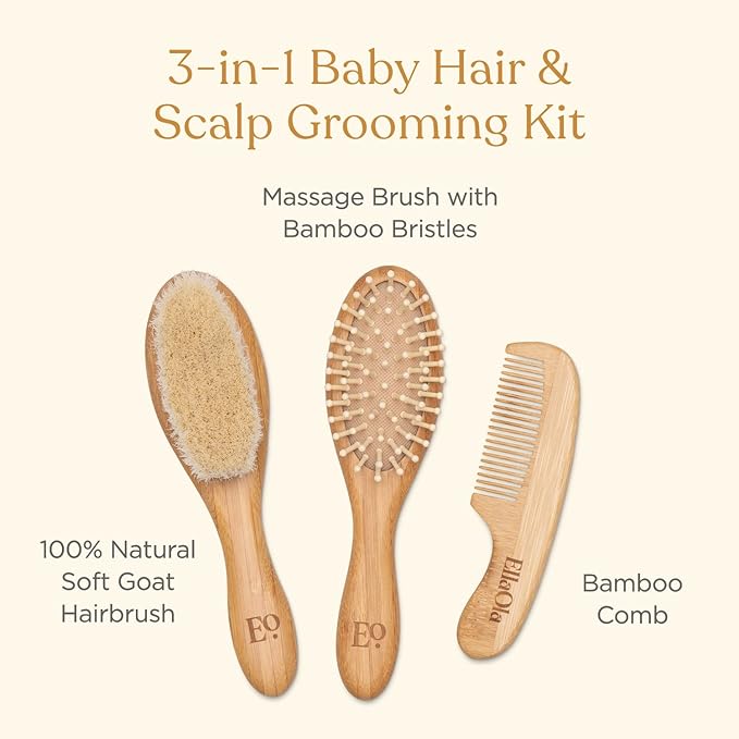 Natural Bamboo Hair Brush & Comb Set, 3 Piece - Cradle Cap Brush, Massage Hair Brush, Bamboo Comb for Toddlers, Newborns & Infants I Baby Registry Gift