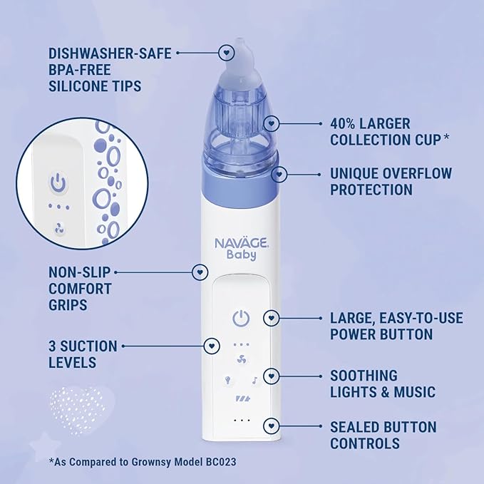 Navage Baby Nasal Aspirator - Gentle, Pediatrician Endorsed Nasal Aspirator for Baby Congestion & Stuffy Noses - Baby Nose Sucker w/ Lights, Lullabies & BPA Free Silicone Tips