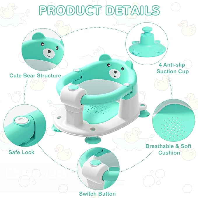Baby Bath Seat for Babies 6 Months & up, Non-Slip Toddler Bath Seats for Babies Sitting Up, Safe Infant & Newborn Bathtub Chair with 4 Suction Cups & Soft Cushion for Shower,Mint