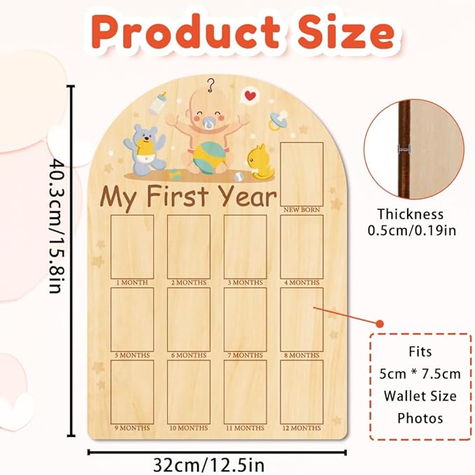ORIGACH My First Year Baby Growth Photo Display Wood Board - 12 Months Newborn Milestones Photo Board - Neutral Baby Keepsake Frame 1st Birthday Party Nursery Decor New Mom Gift - Baby Bear & Duck
