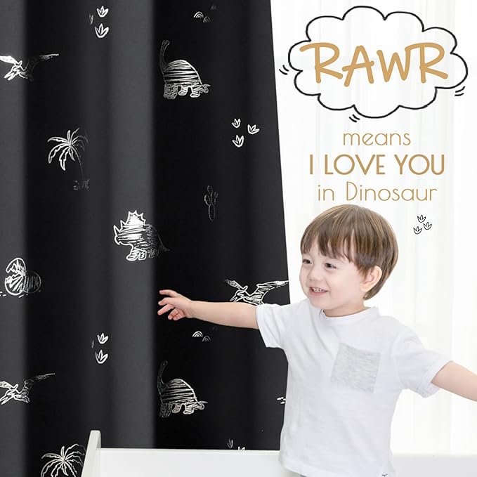Vangao Kids Curtains Black Blackout Dinosaur Curtains for Boys Kids Nursery Girls Room Silver Dino Foil Print Thermal Insulated Drapes Grommet Top Window Treatments 84 Inches Length 2 Panels
