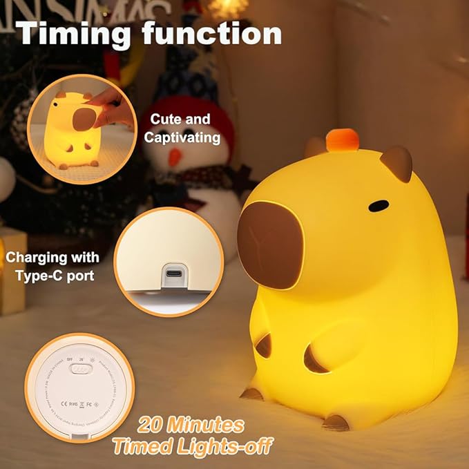 Capybara Little Night Light for Kids, Portable USB Rechargeable Animal Lamps Touch Control Lamp, Silicone Night Light with Timing Function,Children's Christmas Gifts