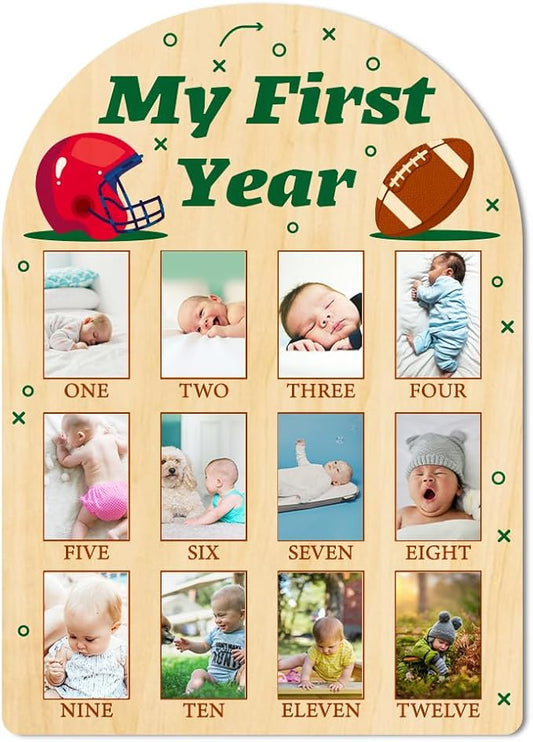 ORIGACH My First Year Baby Growth Photo Display Wood Board - 12 Months Newborn Milestones Photo Board - Neutral Baby Keepsake Frame 1st Birthday Party Nursery Decor New Mom Gift - Football