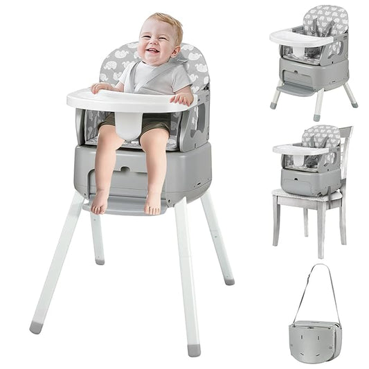 4 in 1 Portable Baby High Chair,Convertible Highchair for Babies & Toddlers-Foldable Infant Booster Seat,Carry Small Box,Dining Chair,Toddler High Chair with 5-Point Harness,Removable Tray-Grey