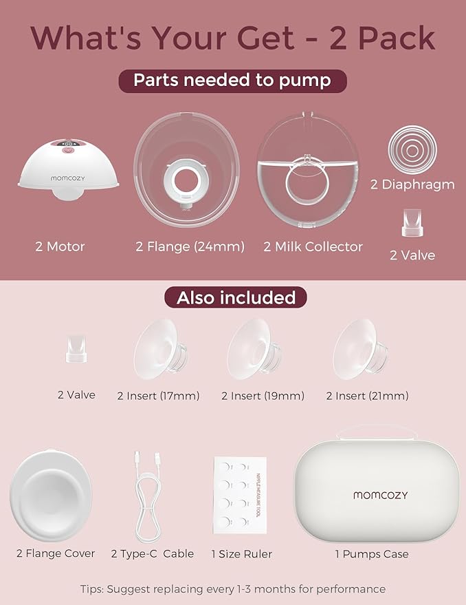 Momcozy M5 Hands-Free Wearable Breast Pump, Double-Sealed Flange for Baby-Like Comfort, 3 Modes & 9 Suction Levels, Portable Electric Pump – 24mm, 2-Pack Cozy Red