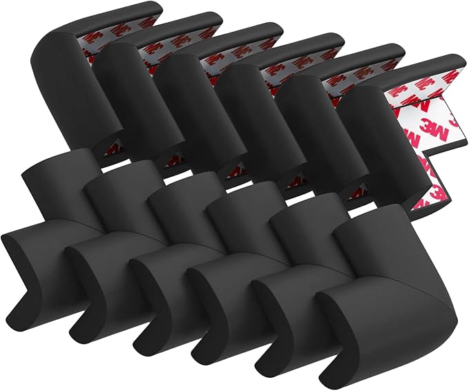12 Pack Soft Corner Protector Baby Proofing Edge and Corner Guards, Safety Pre-Taped Rubber Foam Furniture Bumper for Fireplace, Table, Stair, Cabinet (Black)