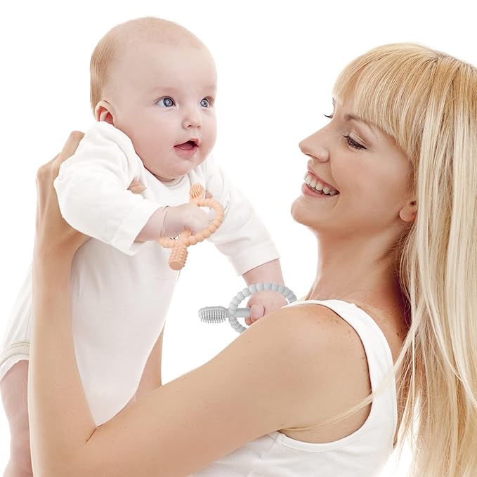 Baby Teething Toys with Easy-Hold Handle, Silicone Infant Toothbrush, Textured On Both Sides Helps Massage, Soothe Sore Gums, Teething Toys for Babies 0-6 Months, 6-12 Months Peach Powder & Gray