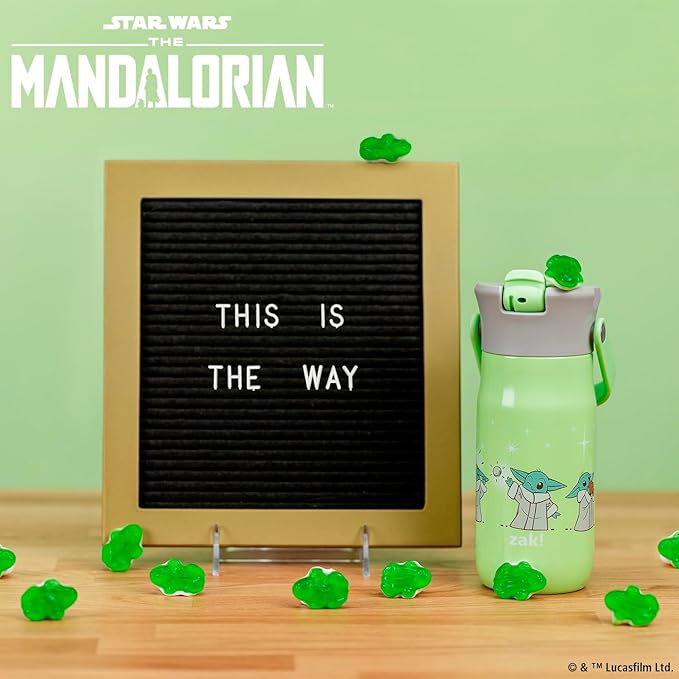 Zak Designs Harmony Star Wars The Mandalorian Kid Water Bottle for Travel or At Home, 14oz Recycled Stainless Steel is Leak-Proof When Closed and Vacuum Insulated (Baby Yoda, Grogu)