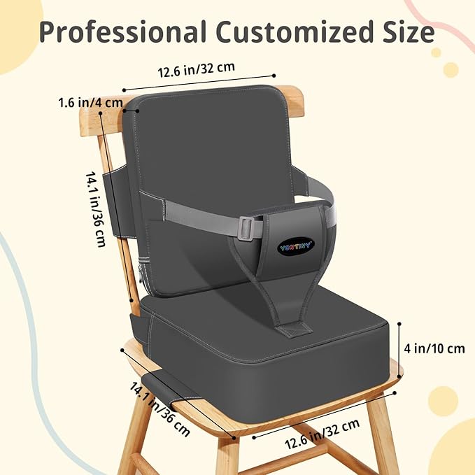 Toddler Booster Seat for Kitchen Chair, 2-in-1 Dining Table Booster Seat with Backrest & Adjustable Straps – Easy-Clean, PU Portable Toddler Eating Travel Increasing Cushion - Dark Grey