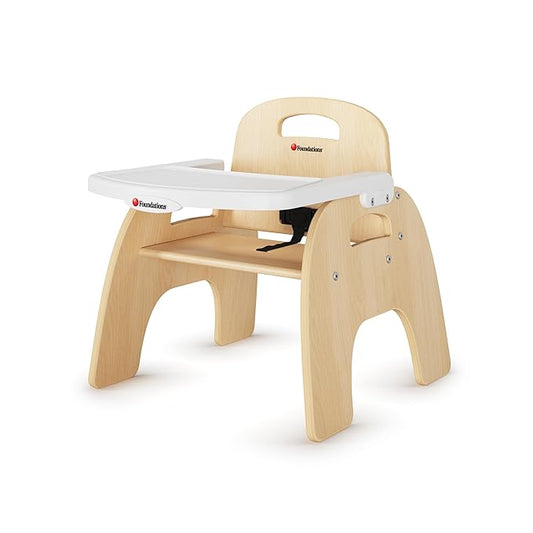 Foundations Easy Serve 9" Wood Feeding Chair for Toddlers, Adjustable Harness, Removable Dishwasher Safe Tray, “No Tip” Base, Baltic Birch Plywood