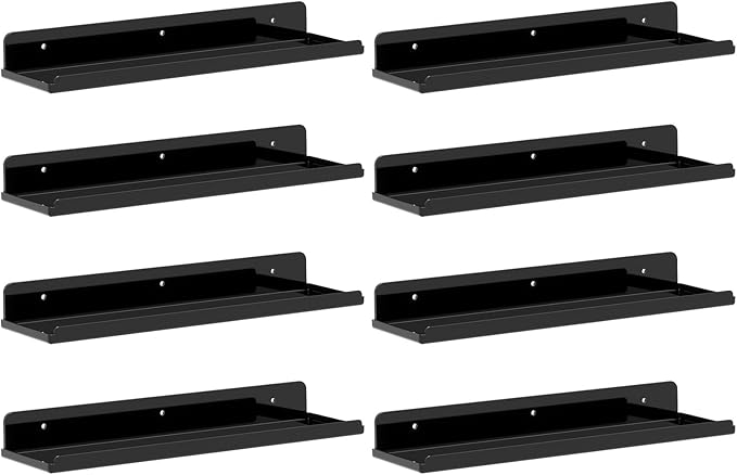 Lifewit Floating Shelves for Wall, 8 Pack Black Acrylic Shelf 15" Room Decor for Bookcase/Vinyl Record Display/Photo/Picture in Bedroom, Living Room, Bathroom, Kitchen Storage and Organization