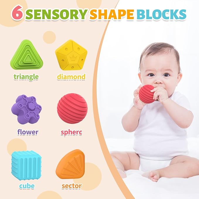 MINGKIDS Montessori Toys for 1 Year Old, 6 Pc Multi Sensory Shape, Toddler Developmental Learning Birthday Gifts, Baby Toys 12 Month