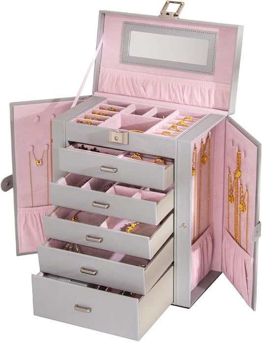 Large Jewelry Box,5-Tier PU Leather Jewelry Organizer with Lock,Multi-functional Storage Case with Mirror,Jewelry Organizer for Bracelets, Earrings, Rings, Necklaces, Mothers Day (GRAY)