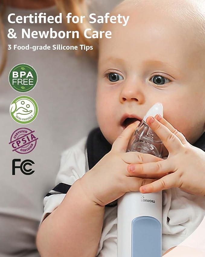 GROWNSY Nasal Aspirator for Baby, Electric Nose Aspirator for Toddler, Baby Nose Sucker, Automatic Nose Cleaner with 3 Silicone Tips, Adjustable Suction Level, Music and Light Soothing Function, Blue