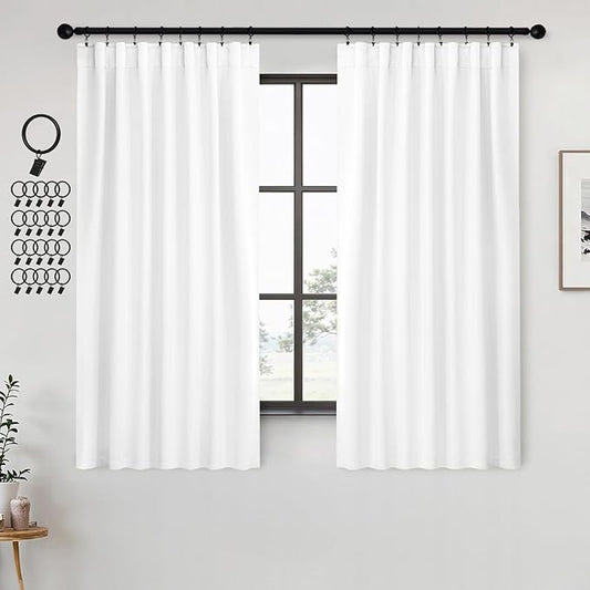 ANRODUO Back Tab Blackout Curtains for Bedroom Living Room, Rod Pocket Pinch Pleated Thermal Insulated Room Darkening Curtains 72 Inches Long 2 Panels, White, 42 x 72 Inch