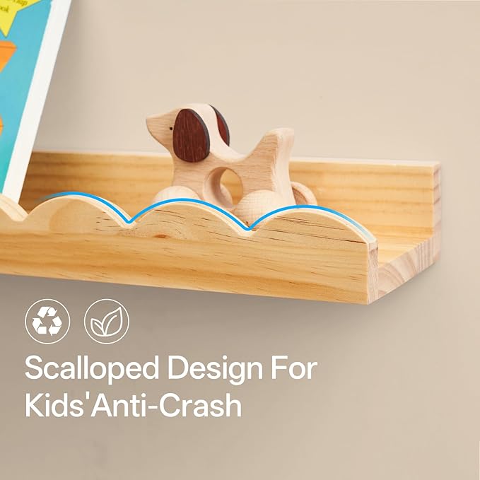 Scalloped Baby Book Shelf,Floating Shelves for Wall Set of 4 Natural Solid Pine Wood Nursery Bookshelves with Wave Lip for Bedroom Kids, Toddler Room, Baby Room, Nursery Decor(Natural,60cm)