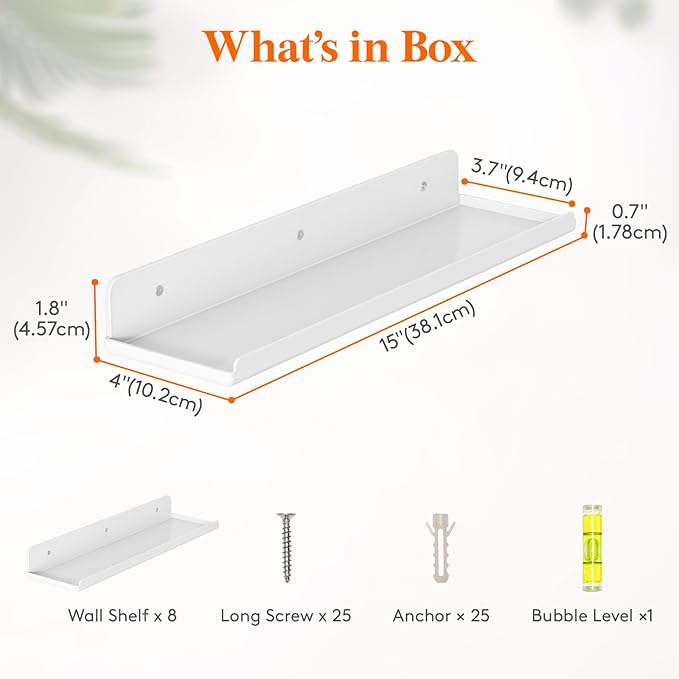 Lifewit Floating Shelves for Wall, 8 Pack White Acrylic Shelf 15" Room Decor for Bookcase/Vinyl Record Display/Photo/Picture in Bedroom, Living Room, Bathroom, Kitchen Storage and Organization