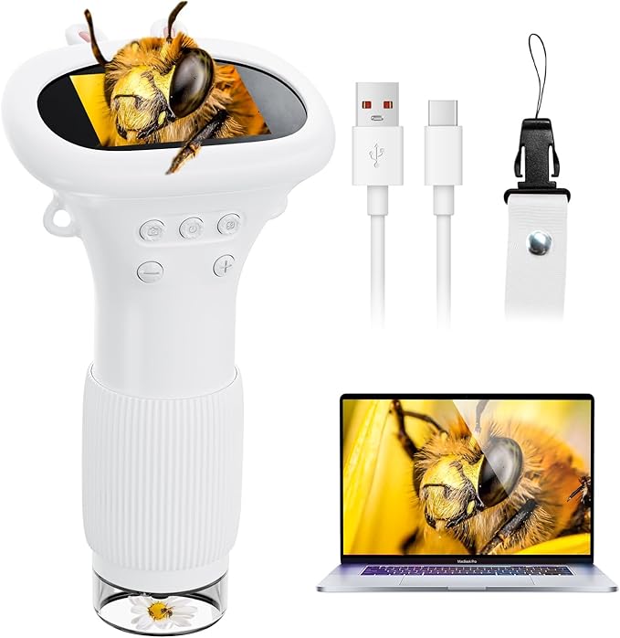 Kids Microscope, Ahalfcit 2 Inch Screen 1000X Zoom Portable Camera Microscope - Science Educational Toys Gift for 3-12 Years Old Boys Girls -White