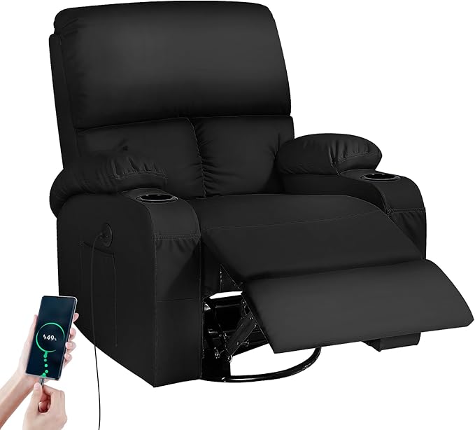 Rocking Recliner Chair, Massage Rocker Recliner Chair with Vibration Massage and Heat, USB and Type-C Ports,360° Swivel Faux Leather Chairs, Living Room, Bedroom, Nursery, RV, Black