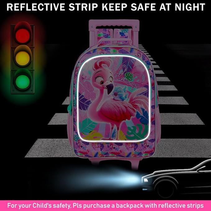 Girls Rolling Backpack, Cute Flamingo Roller Wheels Kids Bookbag - Wheeled Elementary School Bag - 3PCS Flamingo