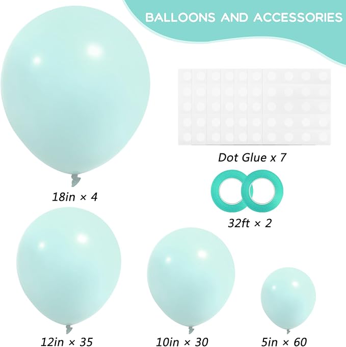 RUBFAC 129pcs Mint Green Balloons Different Sizes 18 12 10 5 Inch, Pastel Makani Blue Balloon Garland Arch Kit for Birthday Baby Shower Gender Reveal Easter Wedding Party Decoration