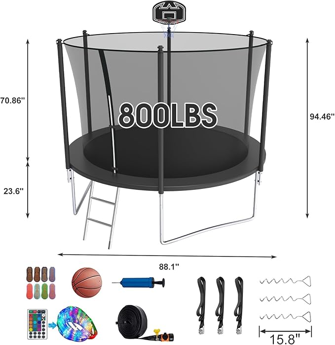 SKYUP Tranpoline 1500LBS 16 15 14 12 10 8 FT Tranpoline for 7-10 Kids and Adults, Windproof Outdoor Tranpoline with Enclosure Net, Basketball Hoop, Easy to Install & Last Long - ASTM Approved